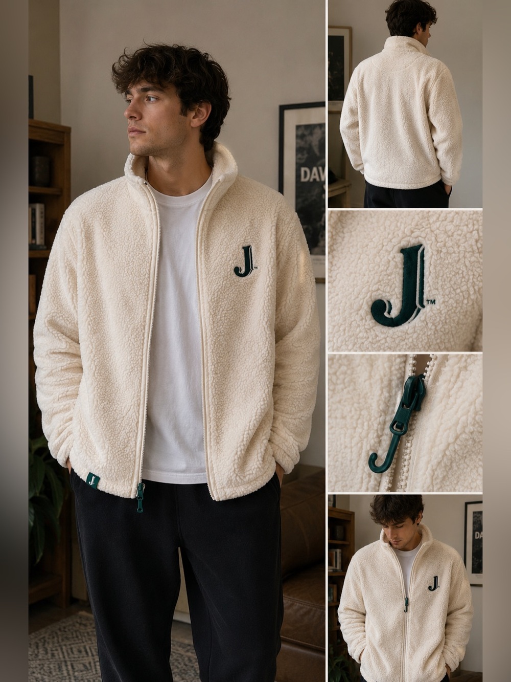Jameson Sherpa Fleece Zip-Up Jacket Cream Ivory Cozy Jacket Size Small
